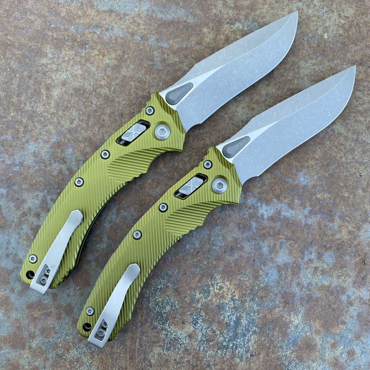 Microtech Amphibian Ram-Lok Fluted OD Green Aluminum Apocalyptic M390 Folding Knife