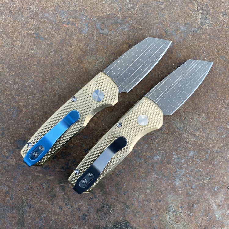 Pro-Tech BladeShow 2024 Runt 5 Auto Bronze Aluminum Starfire Damascus Blade Folding Knife