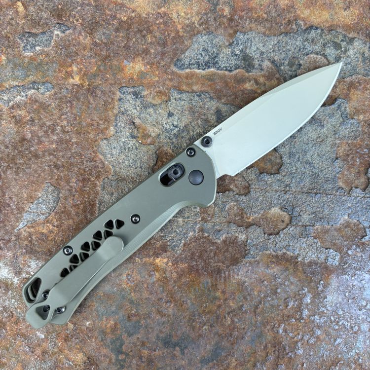 Benchmade Bugout MOD 2 OD Green Triangular Speed Hole Titanium Scales Grey S30V MOD Knife