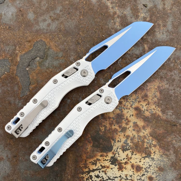 Microtech MSI Ram-Lok Textured White Polymer Sky Blue Cerakote M390 Folding Knife