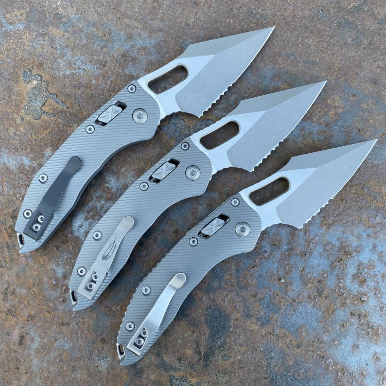 Microtech Stitch Ram-Lok Fluted Clear Aluminum Partial Serrated Apocalyptic M390 Folding Knife