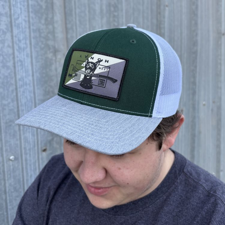Richardson Dark Green/White/Heather Grey Snapback Trucker Hat with Camo Dog Patch (112)