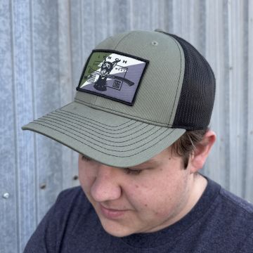 Richardson Loden/Black Snapback Trucker Hat with Camo Dog Patch (112)
