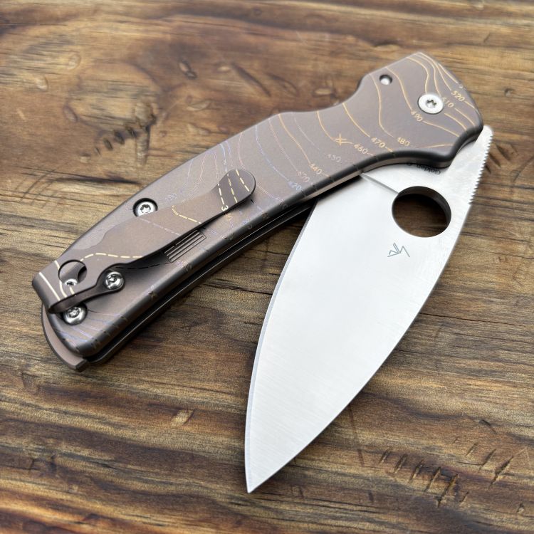Spyderco Shaman Skinny Rust Bronze Metallic Tri-Topo Plain Titanium Scales Satin CPM SPY27 MOD Knife