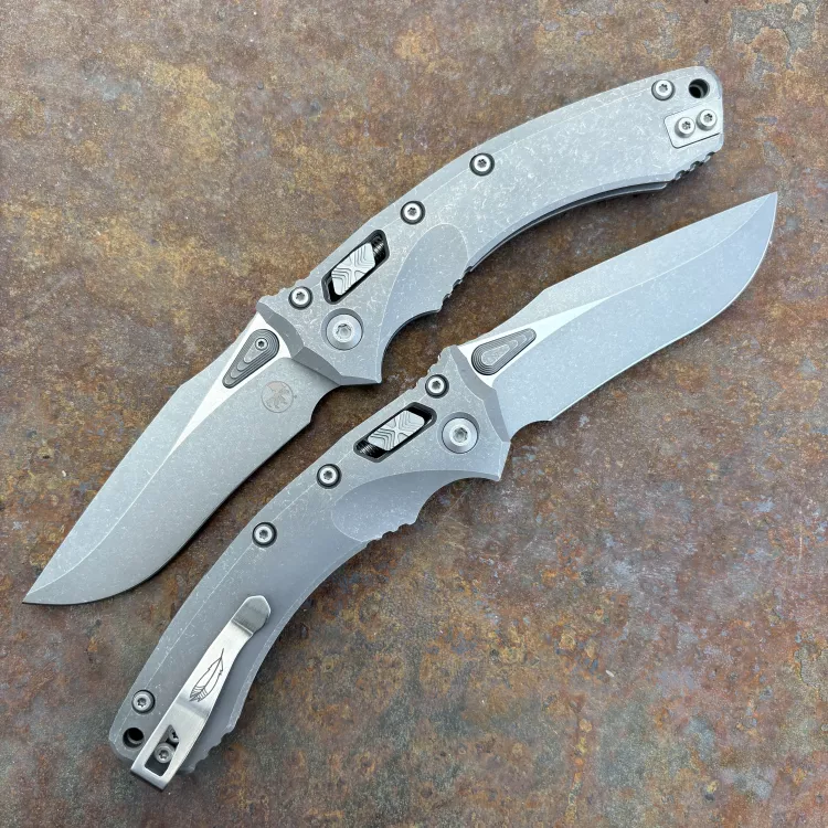 Microtech Amphibian Ram-Lok Marfione Select Apocalyptic Slab Titanium Apocalyptic M390 Folding Knife