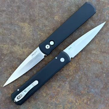 Pro-Tech Godfather Auto Black Aluminum 2-Tone Satin 154CM Blade Mother of Pearl Button Folding Knife
