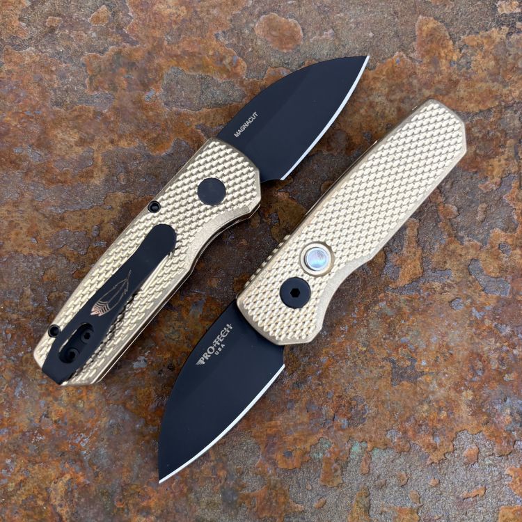 Pro-Tech Runt 5 Textured Bronze Aluminum Black DLC MagnaCut Blade (R5313) Folding Knife