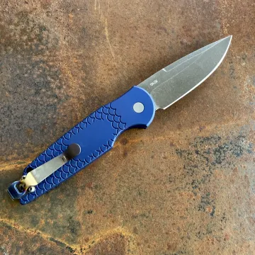 Pro-Tech Blade Show 26 TR-3 Auto Blue "Fish Scale" Aluminum AcidWash 154-CM Blade Folding Knife