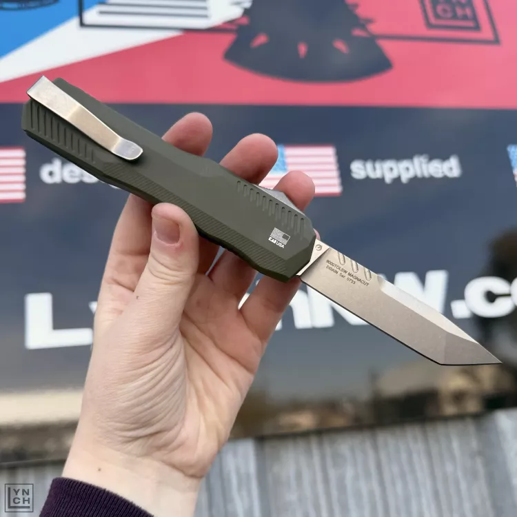 Kershaw Livewire MagnaCut OTF Automatic Knife - OD Green Aluminum 3.4" Stonewashed Tanto Blade